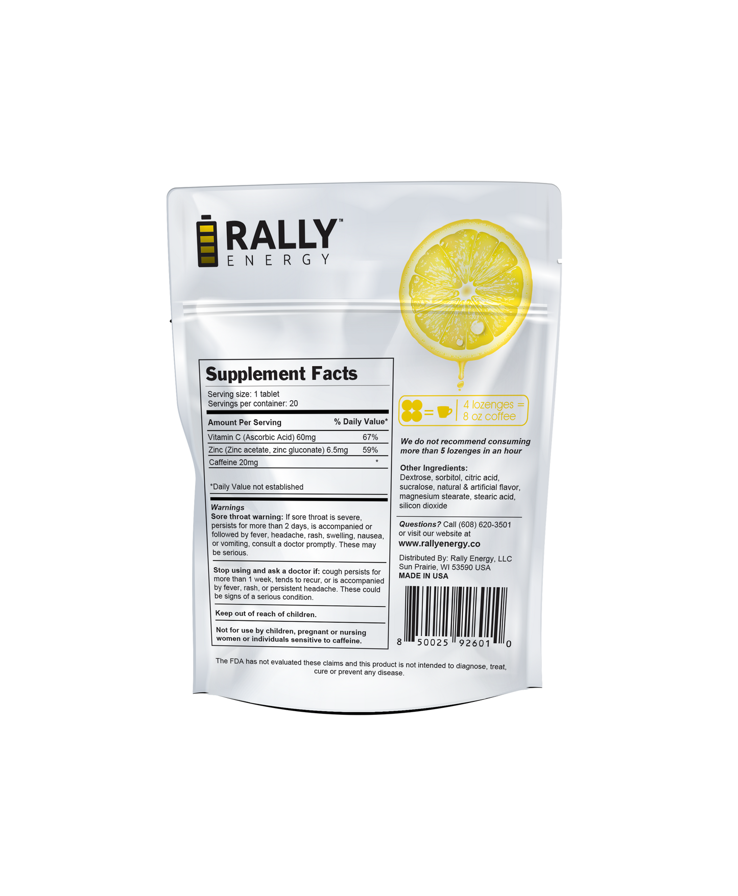 Rally Energy Cough Relief - Caffeinated, Lemon Flavored Cough Lozenges - Travel size