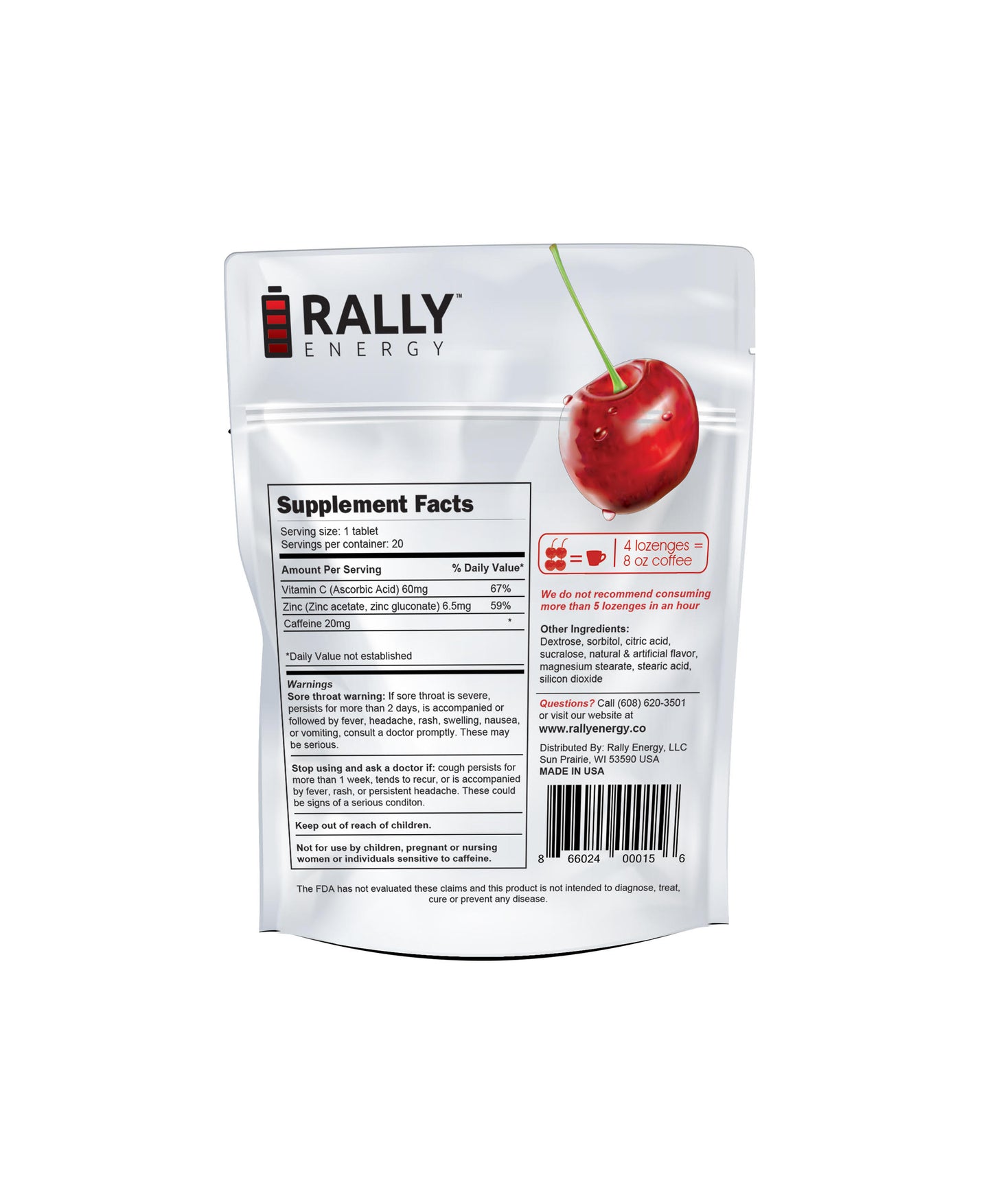 Rally Energy Cough Relief - Caffeinated, Cherry Flavored Cough Lozenges - Travel size